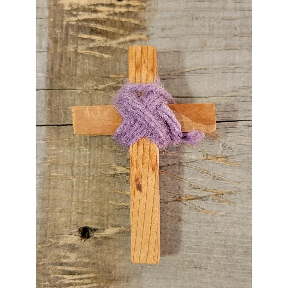 VINTAGE  WOODEN CROSS  PENDANT  With Purple‎ Wrap 3 Inches Large